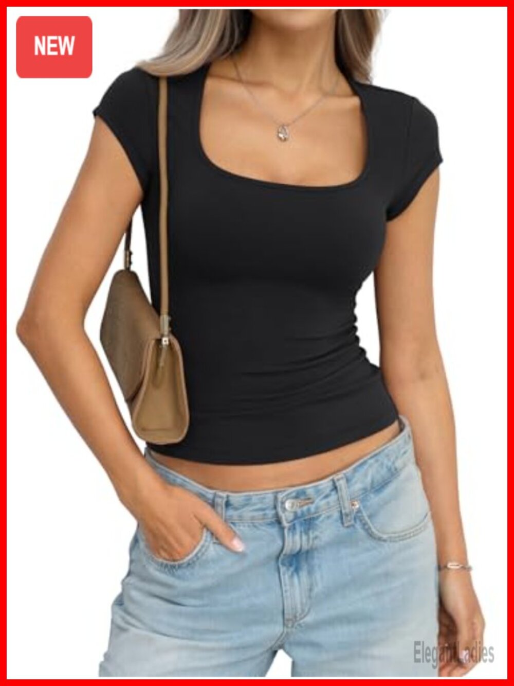 Fitted Cotton Square Neck Short Sleeve T Shirt Slim Fit Summer Basic Top